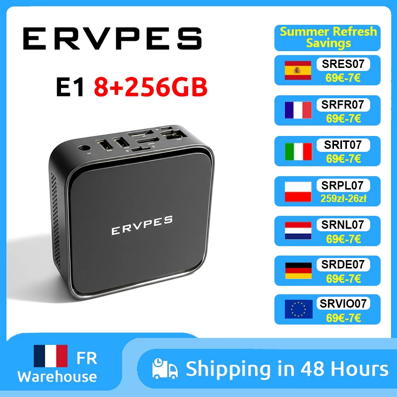 Mini PC ERVPES E1, AMD Ryzen 3 3250C, 8 Go DDR4, 256 Go SSD, Windows 11 Pro, Wifi double bande, BT5.2, ordinateur de bureau mini