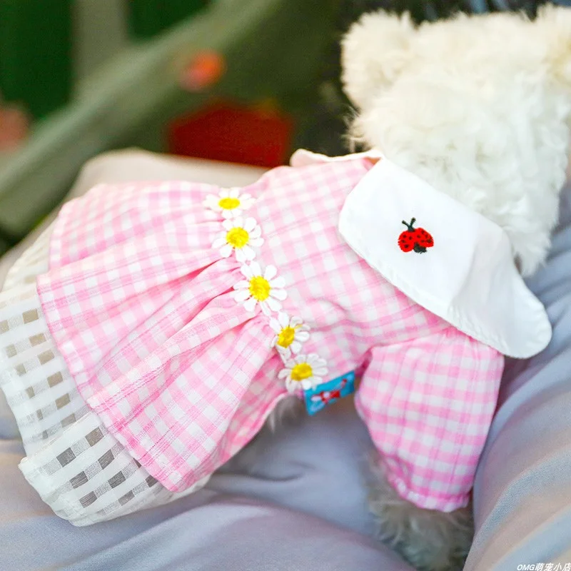 1PC Pet Clothing Cat Spring/Summer Thin Pink Plaid Ladybug Skirt Suitable for Small and Medium Dogs