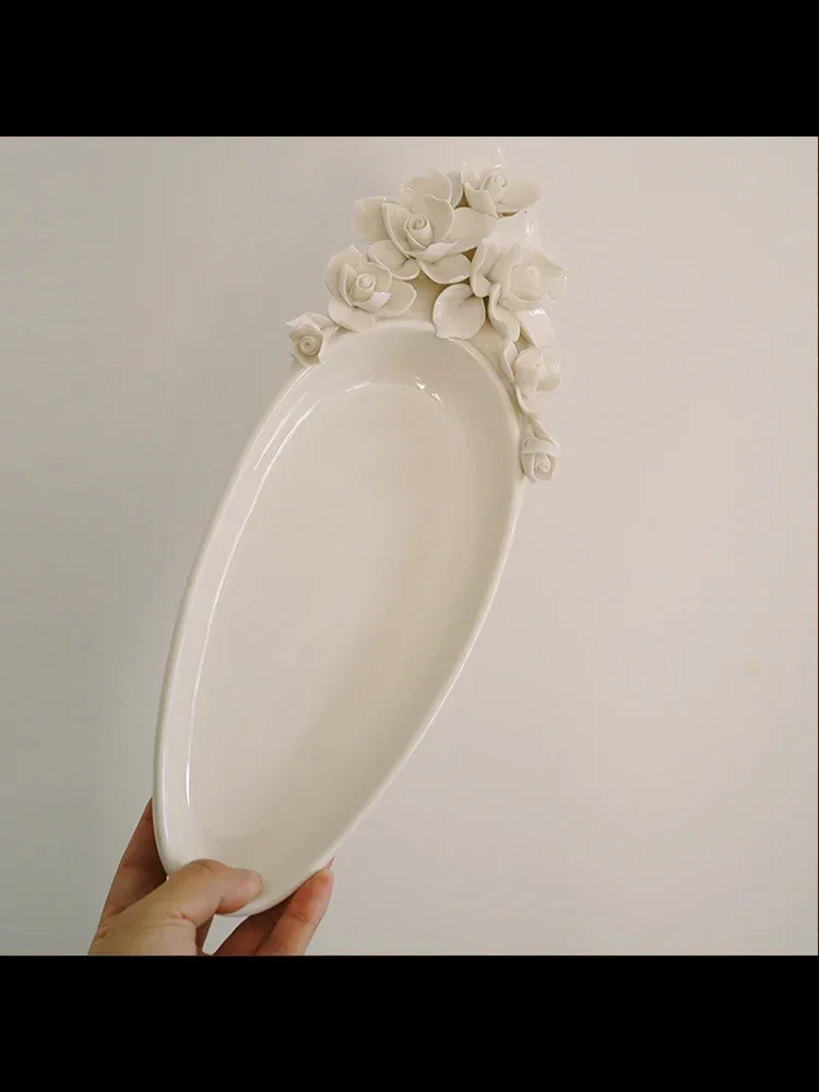 

Beauty Hand Pinch Flower Export Creative Three-Dimensional Flower Ceramic Oval Long Deep Plate Western Plate Exquisite Dish