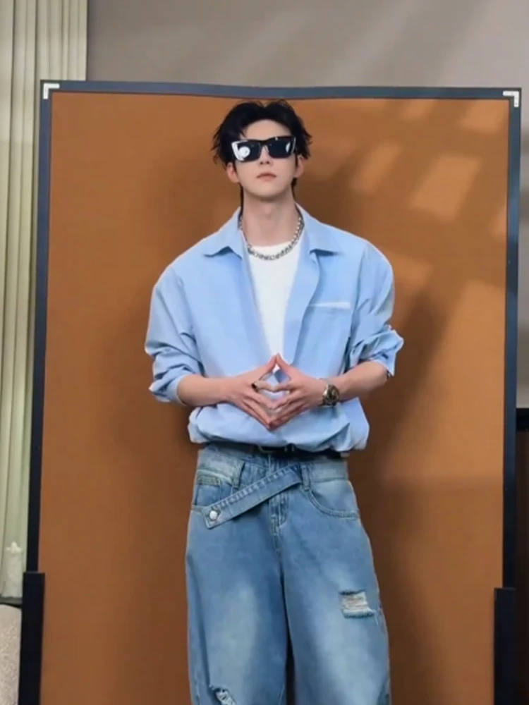 

Premium Feel Men's Collared Shirt Spring Summer Trendy Personality Splice Fake Two-Piece Atmosphere Sense Shirt Jacket