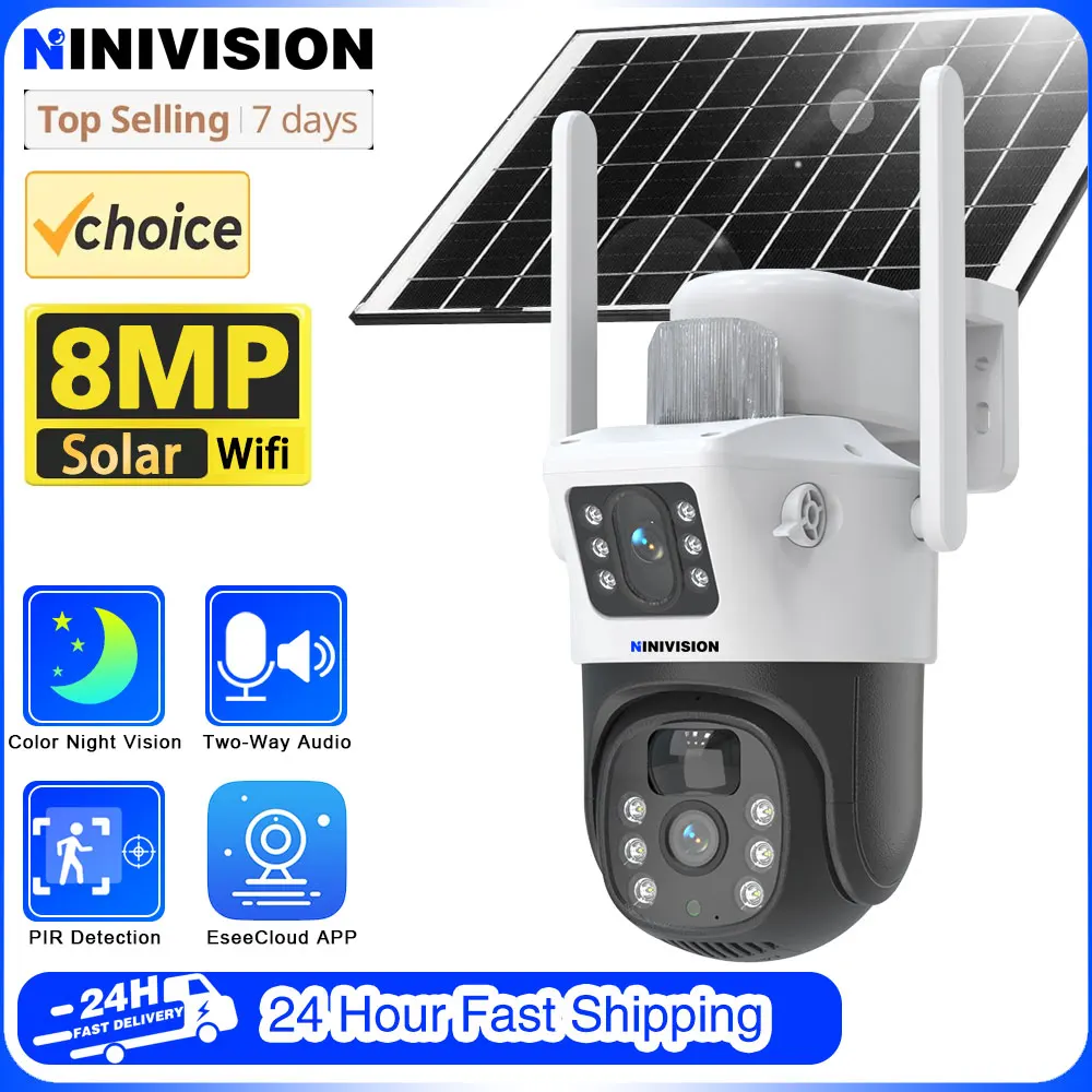 

Color Night Vision Surveillance Camera Wireless Dual Lens Security Camera 8MP Human Tracking Solar Charging Bulit-in Battery Cam