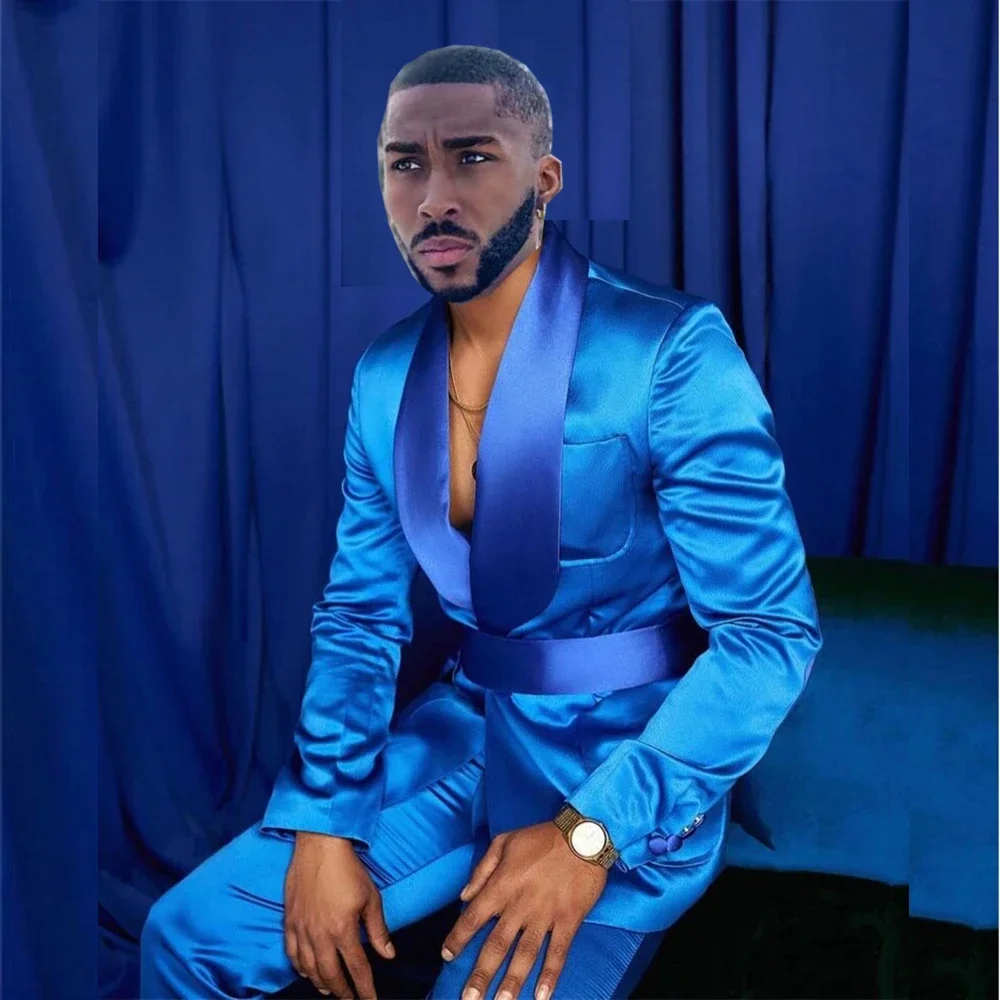 Luxury Blue Stain Suit for Men Two Pieces Jacket Pants Shawl Lapel Male Clothing Formal Wedding Party Groom Slim Fit Blazer Set