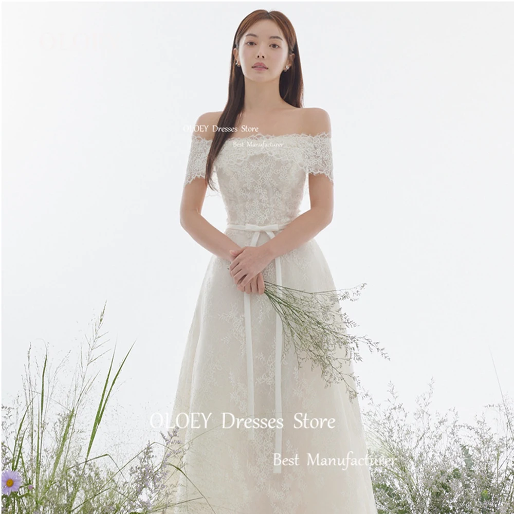 OLOEY vestido de novia de encaje de marfil exquisito, sesión de fotos de Corea, hombros descubiertos, fajas de lazo, vestido de novia, corsé trasero, línea A, hecho A medida