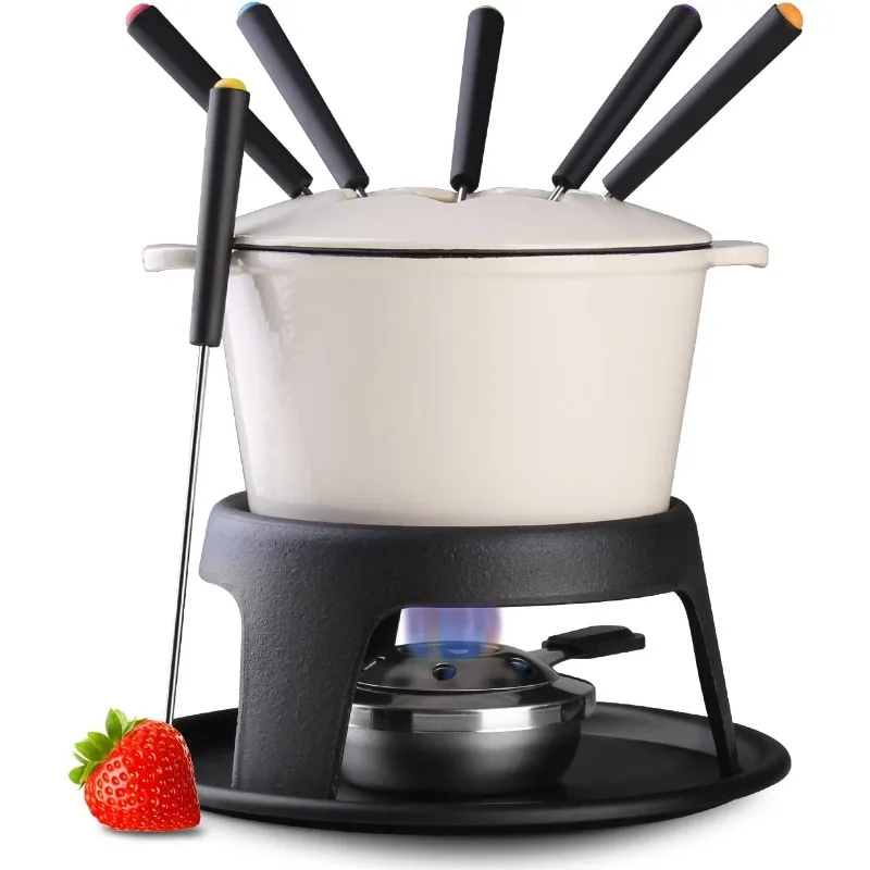 

Cast Iron Fondue Pot Set for Chocolate Cheese Swiss Fondue Pot Set for Meat with 6 Fondue Forks,