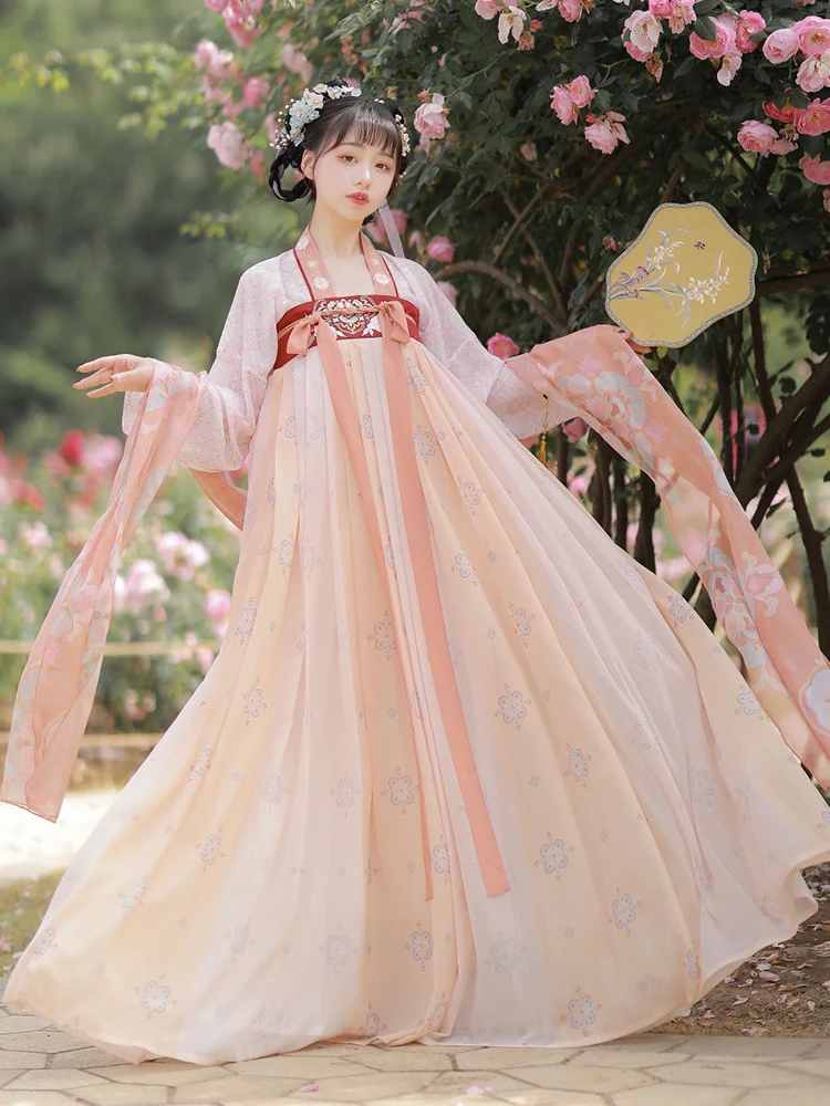 Hanfu auténtico Original para mujer, hecho Tang, hada rosa, elegante estilo antiguo, longitud del pecho, falda Ru, estilo chino, conjunto completo de