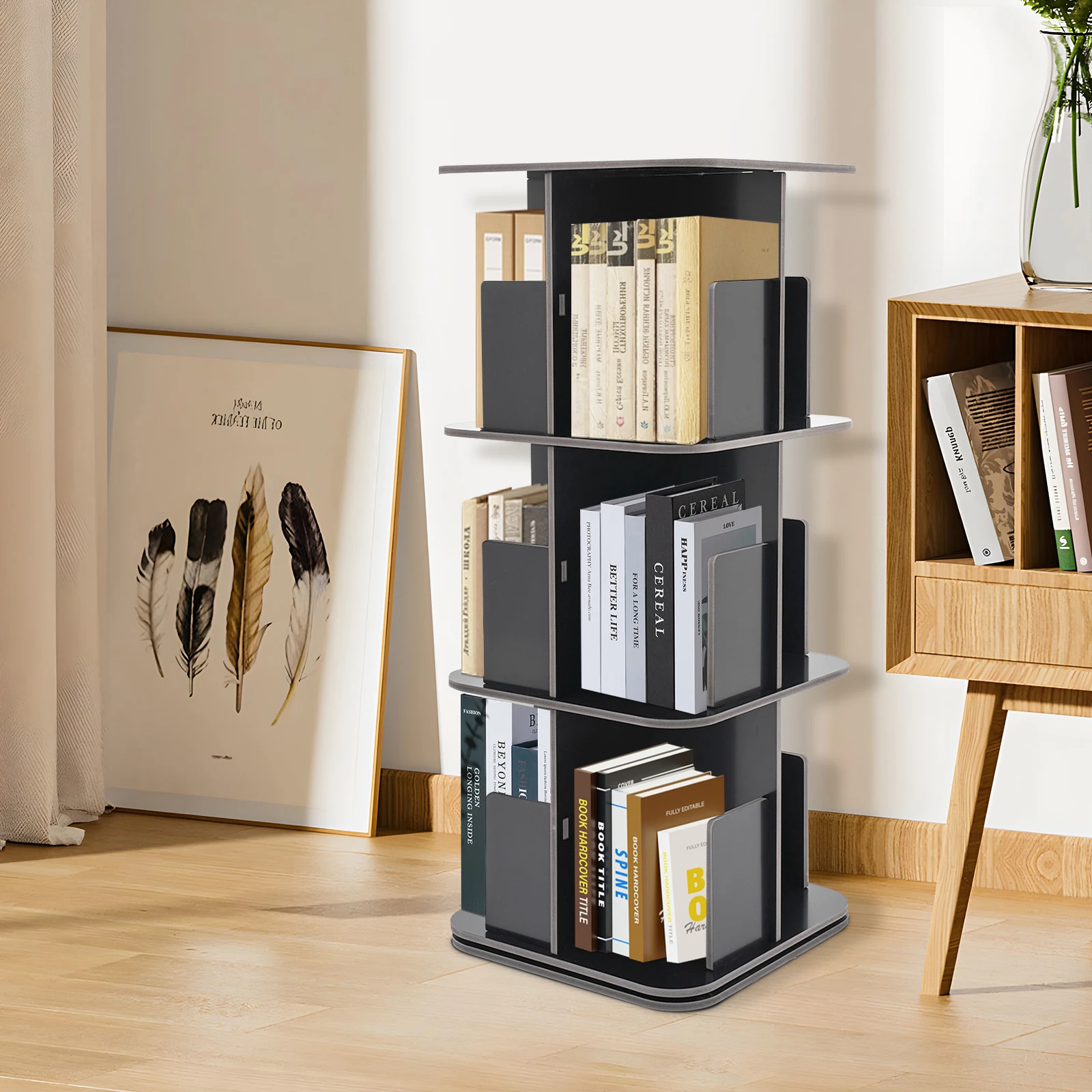 2/3/4-Tier Vertical Bookcase, White/Black 360° Rotatable Small Corner Bookcase for Bedroom Study Room Office