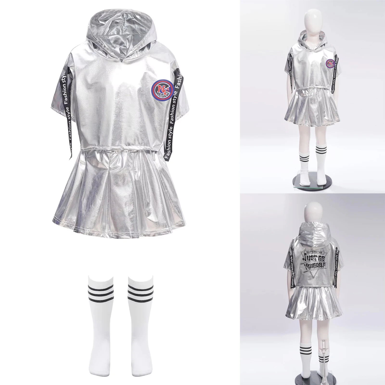 

Kids Hip-hop Outfit Boys Girls Metallic Short Sleeve Hooded Tops with Shorts/Skirt Set for Street Dance Performance Competition