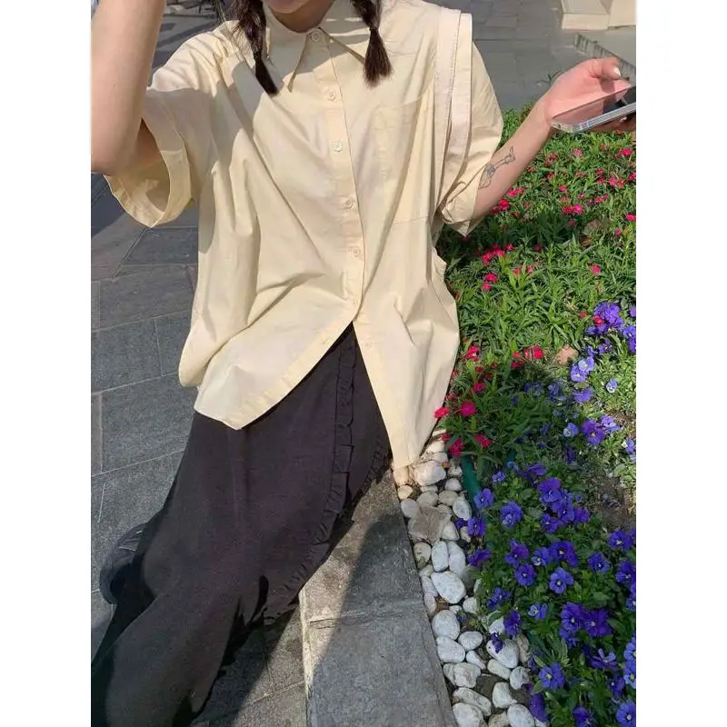 

Retro Wide Casual irt for Women Summer New Korean Sle Straight Knot ort Sve Cotton Warm Thin Body Fit