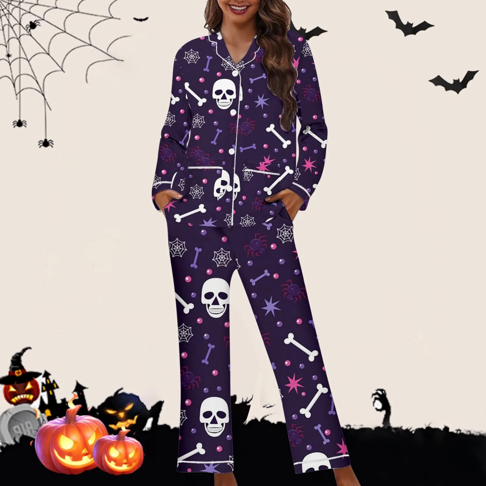 Womens Halloween Pajamas Long Pants Sleepwear Sets Soft Comfortable Breathable Night Wear Ice Silk Smooth Skeleton Print Pyjamas