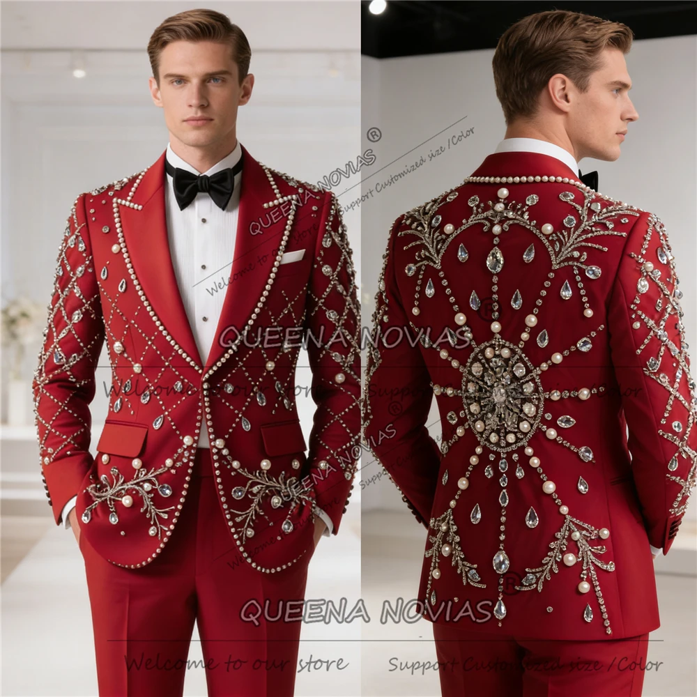 

Exclusive Design Beaded Pearls Suit Men 2 Piece Set Single Breasted Jacket Pants Customized Groom Wedding Tuxedos Ropa Hombre