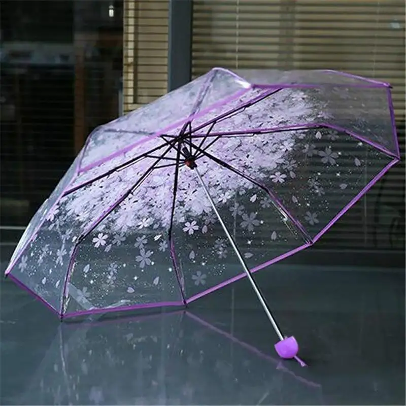 Clear Sakura Umbrellas Korean Simple Folding Umbrella 3 Fold Transparent Cherry Blossom Rain Umbrellas For Adults Girls Women