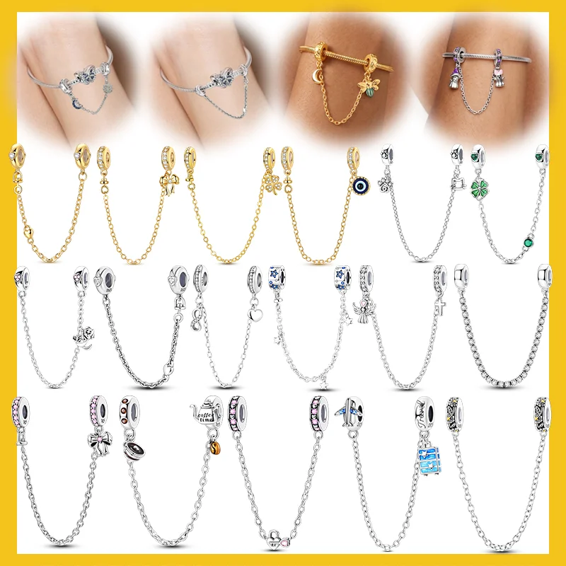 Safety Chain 925 Sterling Silver Beads Camera Airplane Luggage Bow Charms Fit Original Bracelet Women Jewelry Gift DIY