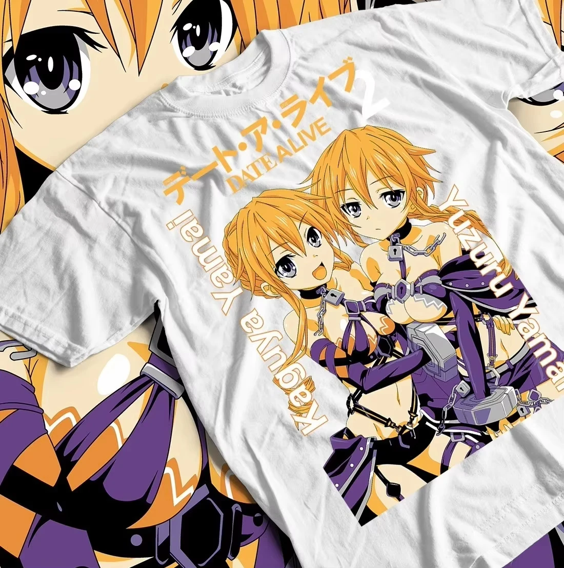 T-shirt blanc unisexe surdimensionné en coton, motif anime Date A Live Kaguya & Yuzuru Yamai, style streetwear Y2K, collection été 2026