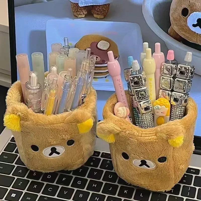 Plush Cute Bear Pencil Holder Plush Cosmetics Pen Container Kawaii Desk Accessories Office Organize Kid Stationery Storage Box