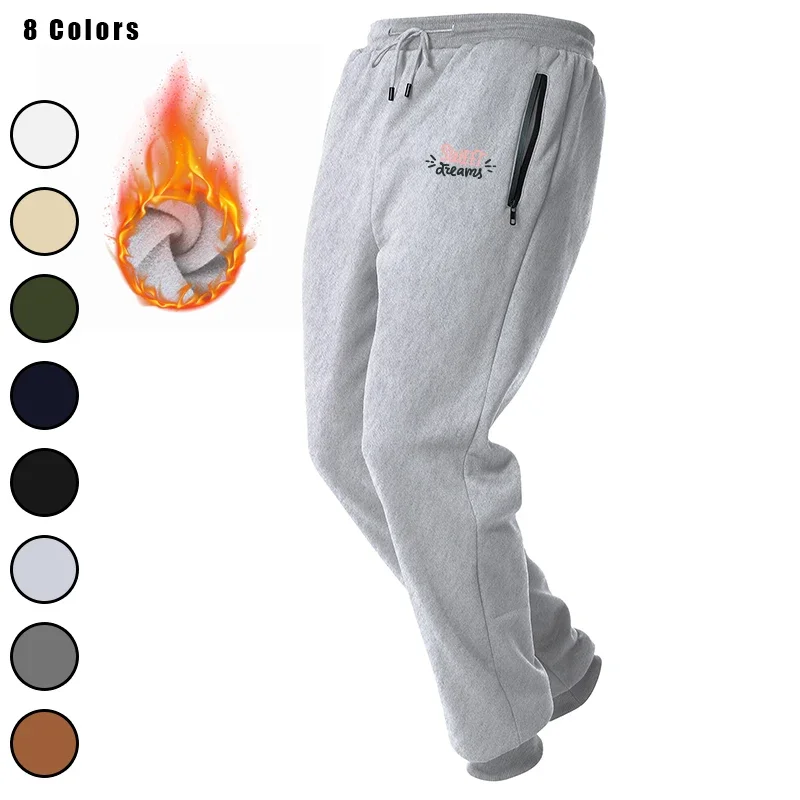 Calça de moletom esportiva masculina de lã ativa para treino com bolso com zíper e cordão