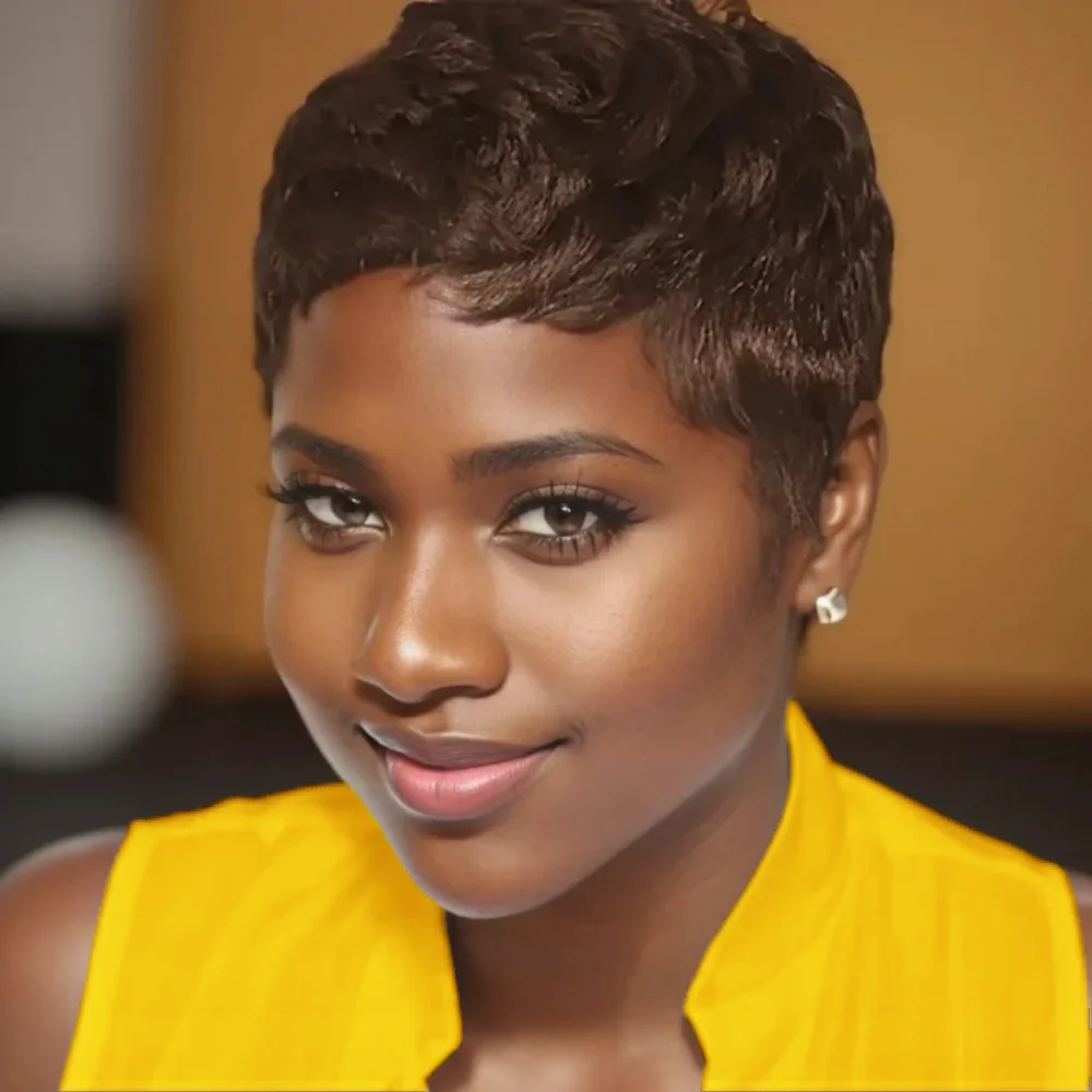 앞머리가 있는 짧은 인모 픽시컷 가발, 픽시 풀 머신메이드 가발