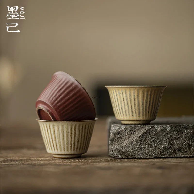 

Wabi-sabi Style Coarse Pottery Tea Cup Kung Fu Tea Set Household Japanese Striped Tea Cup Ceramic Drinking Tea Small