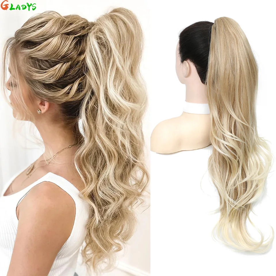 

Gladys 26 Inch Ombre Blonde Wavy Claw Clip Ponytail Hair Extensions 65cm Body Wave Synthetic Hair Daily Life Ponytail Extensions