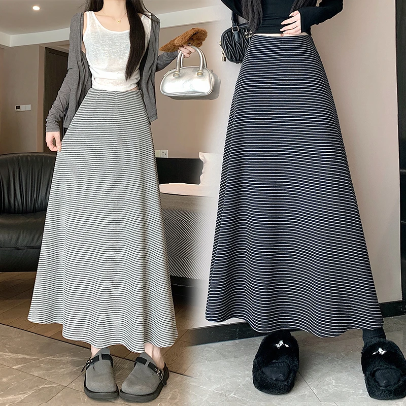 

Шикарная макси-юбка в контрастную полоску: осенняя женская юбка трапециевидной формы с высокой талией, повседневная струящаяся юбка-миди со свободным кроем