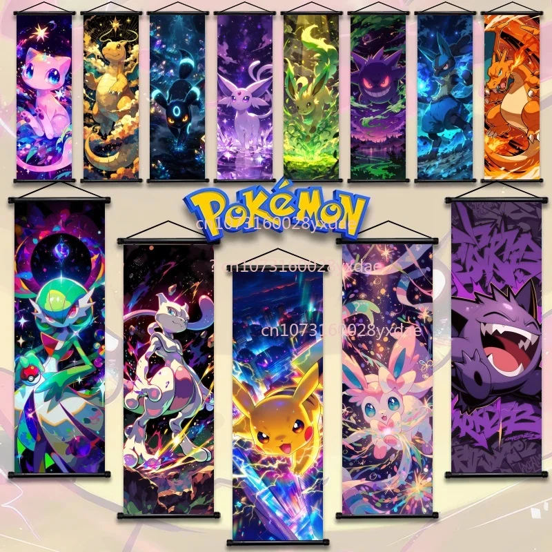 Anime-Poster mit Pokemon-Motiven, Cartoon-Wandkunst, Gengar, Squirtle, Bulbasaur, Pikachu, Hängende Schriftrolle, Familienraum-Dekoration