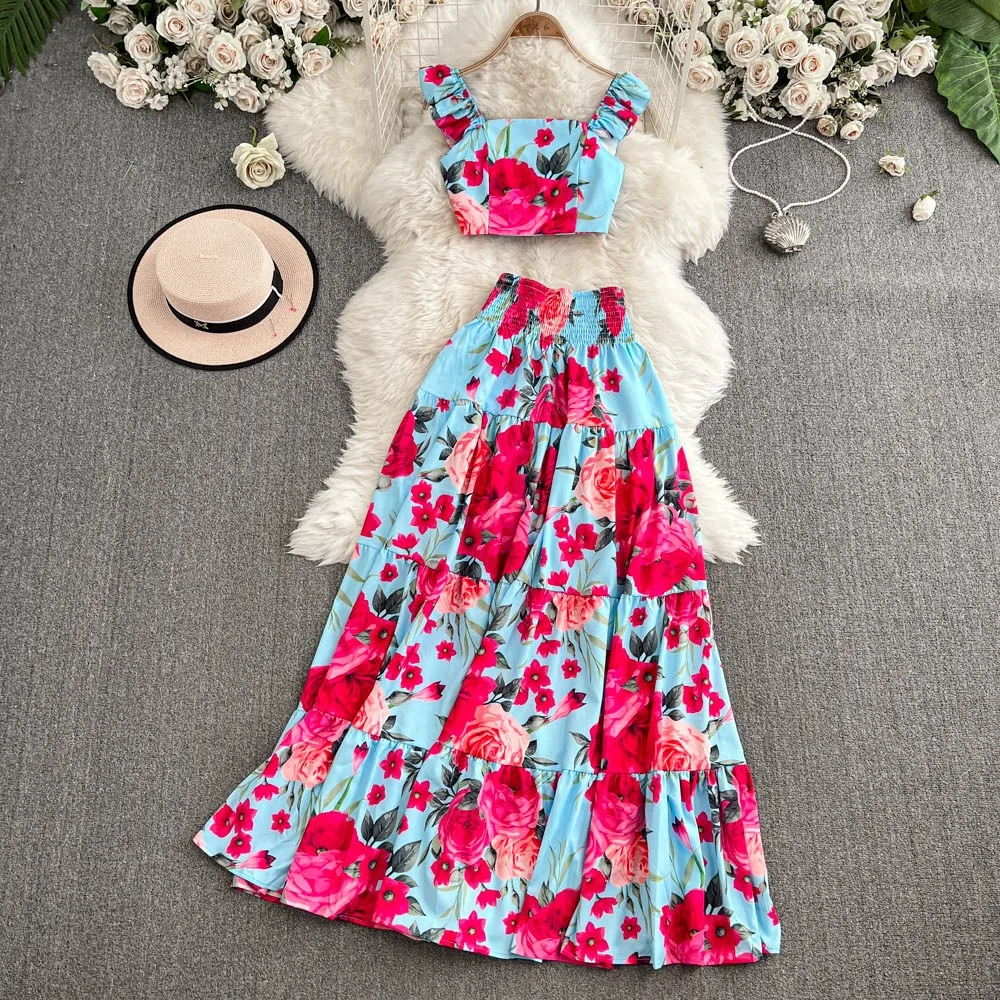 

Vaion Sle Print Flounce Sve ort Fit And Flare Top с высокой талией, утягивающая плиссированная юбка, комплект из двух предметов, женская мода