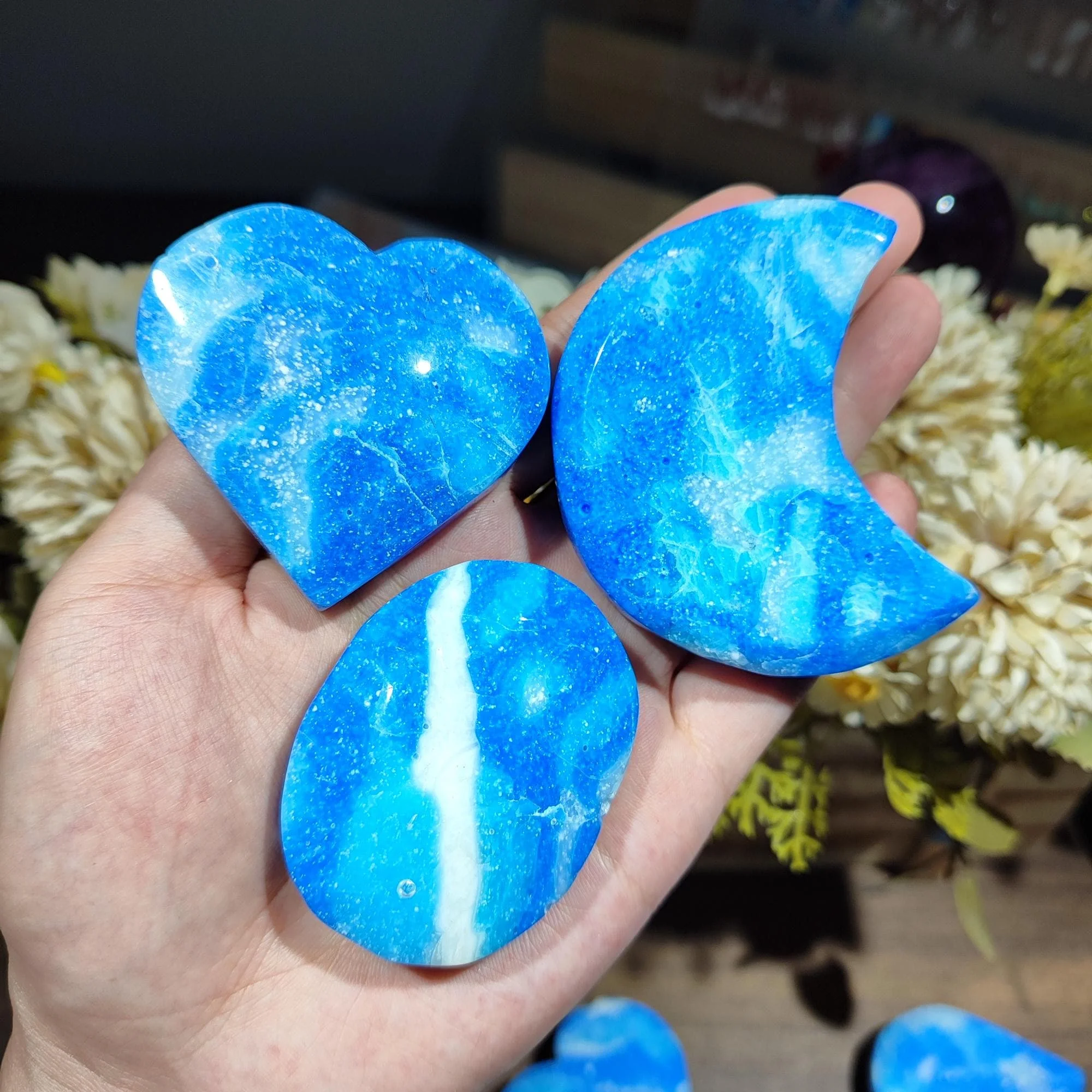 Artificial Larimar Palm/Moon/Heart/Sphere/Tower/Slice/Waterdrop/Egg,Pocket Stone,Blue Stripe,Reiki Healing