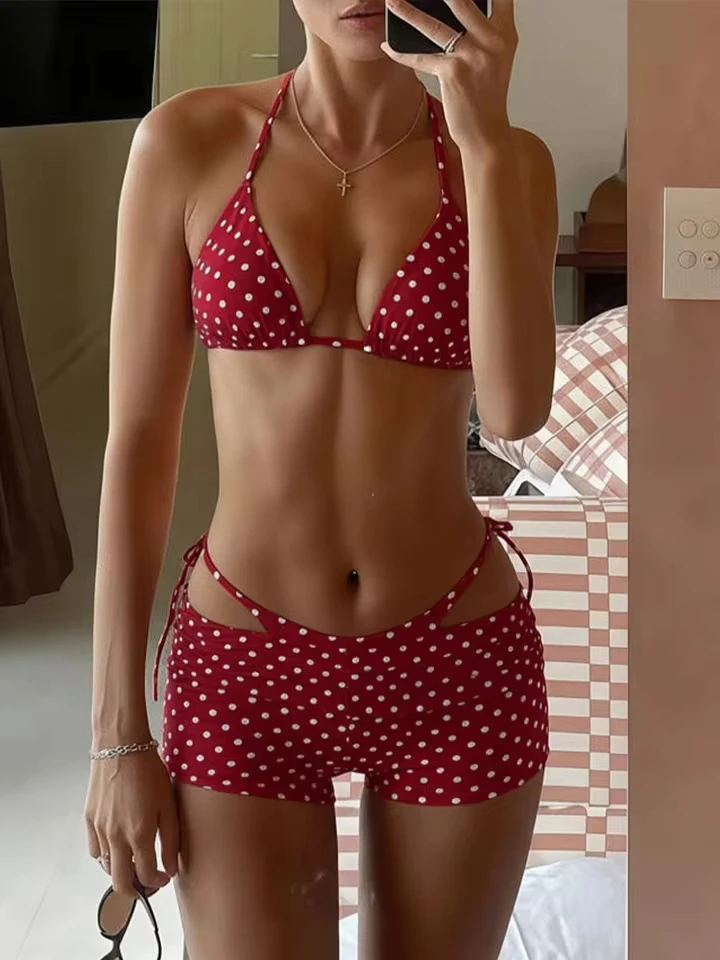 Vzvn Sexy Laced Up Polka Dot Bikinis Women Split Swimsuit Beach Bikini 2026 New All Season Backless Bikinis Shorts 3 Piece Set
