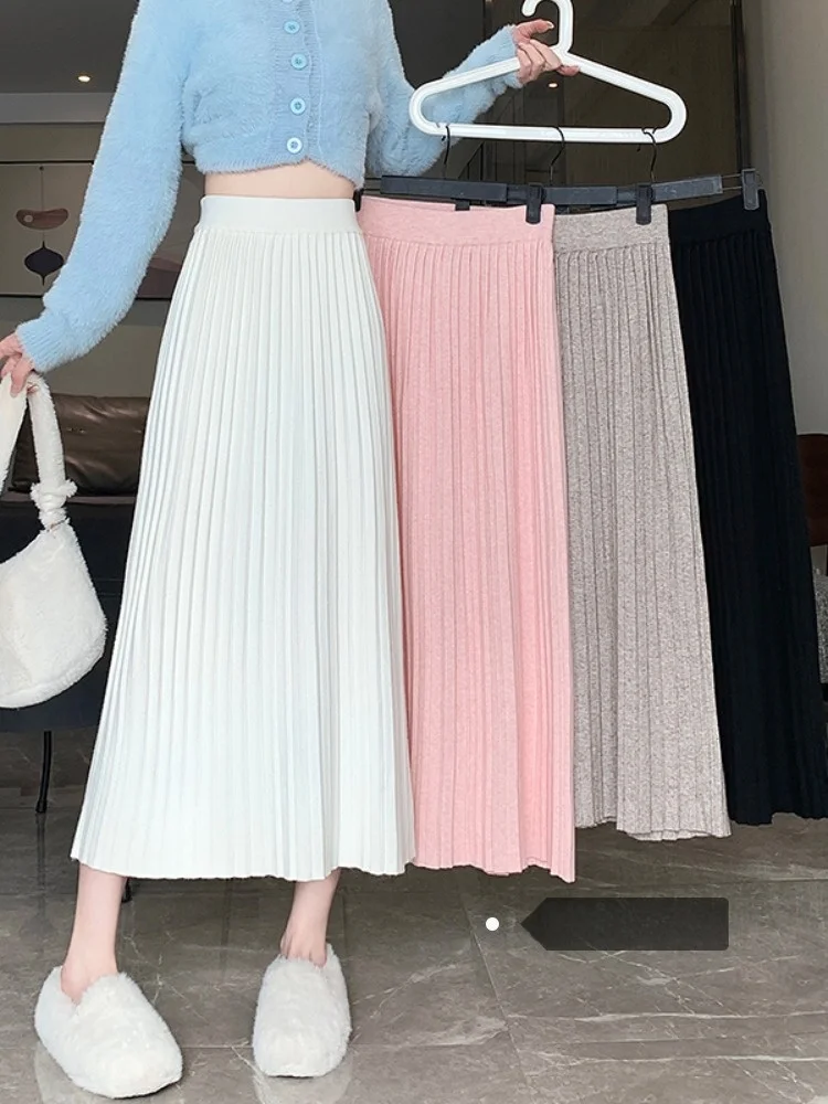 

Korean Sle Midi A-Line Skirt Women's Winter New High Waist Pleated Slimming f-length Skirt in Beige Color with Belt