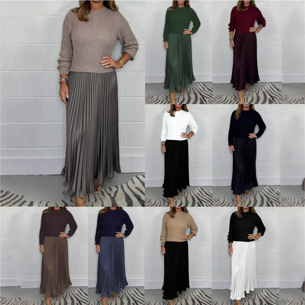 

Autumn Winter Women's Knitted Long Sve Dr Pleated Splice Pure Color A-Line Skirt Commute Basic Loose Waist Design