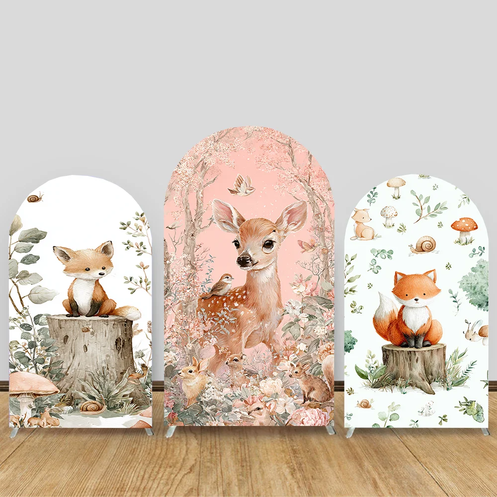 

Arch Backdrop Cute Fox Forest Animal Fairytales Cover for Baby Shower Birthday Party Fabric Photo Background Decoration