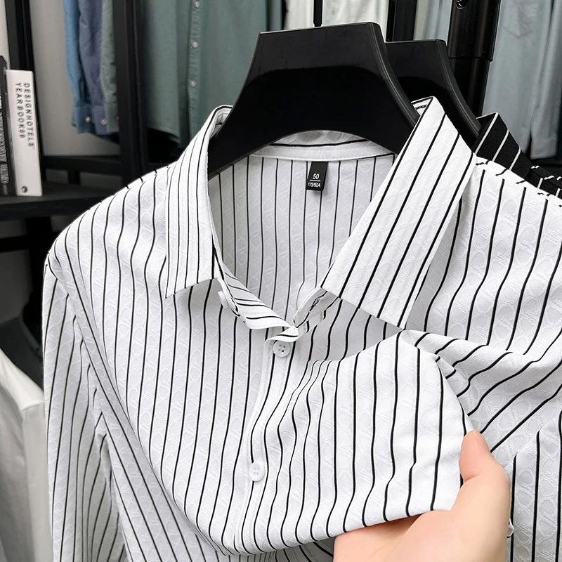 

High end Spring and Autumn New Product Striped Men's Long Sleeve Non ironing Cool Feel Shirt Casual Versatile Fashion Thin Top