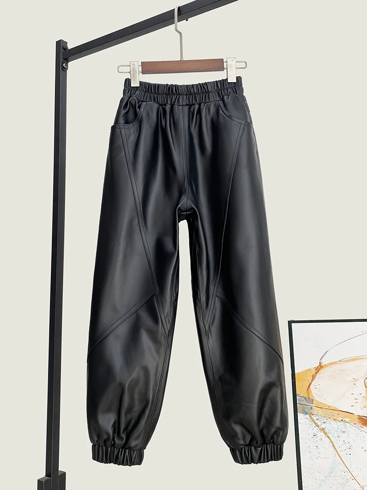 Winter New High Quality Genuine Real Leather Pants Women's Loose Waist All-Match Top Layer Sheepskin Cropped