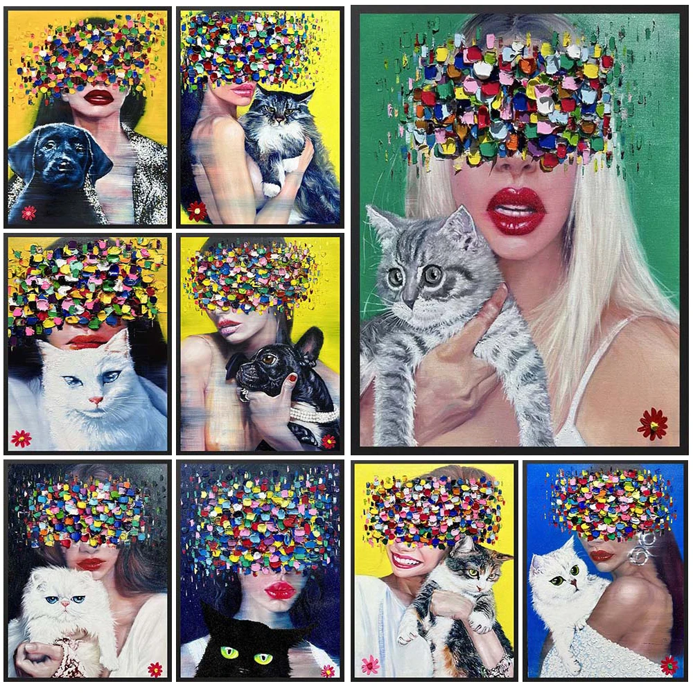 

Graffiti Girl with Cat Portrait Abstract Woman Poster Wall Art Canvas Painting Home Decor Wall Pictures For Living Room Unframed