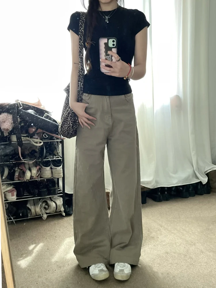 

Американские ретро-джинсы свободного кроя цвета хаки с широкими штанинами для женщин, летние, тонкие, с высокой талией, удлиненные, повседневные, в пол