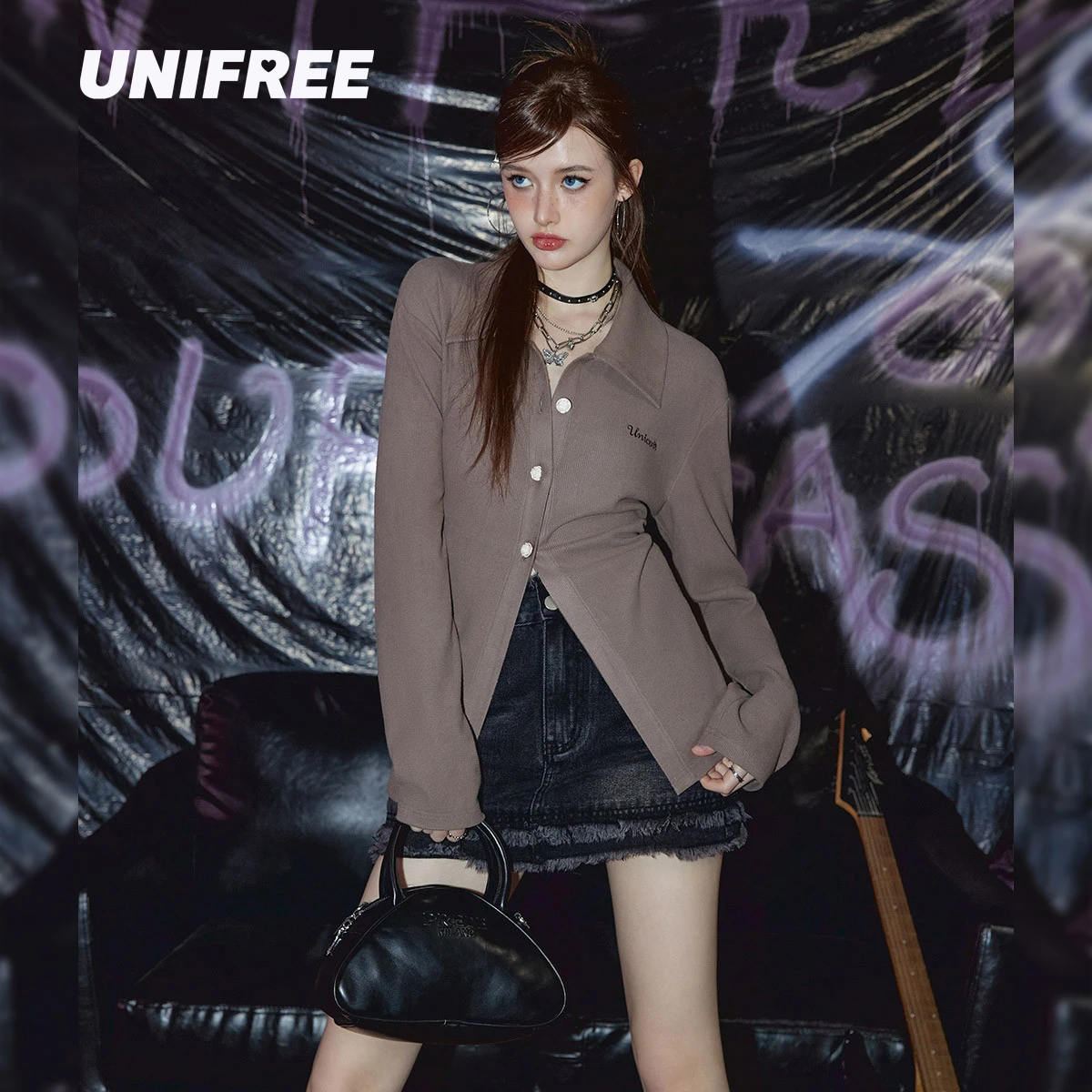 

UNIFREE Knit loose Shirts & Blouses Streetwear Fashion Woman Blouse 2023 Hotsweet Sexy Retro ins Versatile Shirt