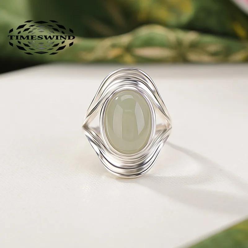 

TIMESWIND Light Green Natural Jade Oval Shaped Women S925 Hollow Open Ring with Certificate