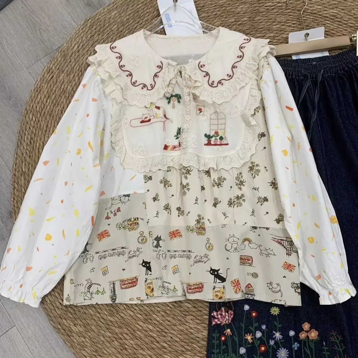Mori retalhos camisa de algodão feminino vintage bordado peter pan colarinho manga longa algodão linho topos mori kei roupas