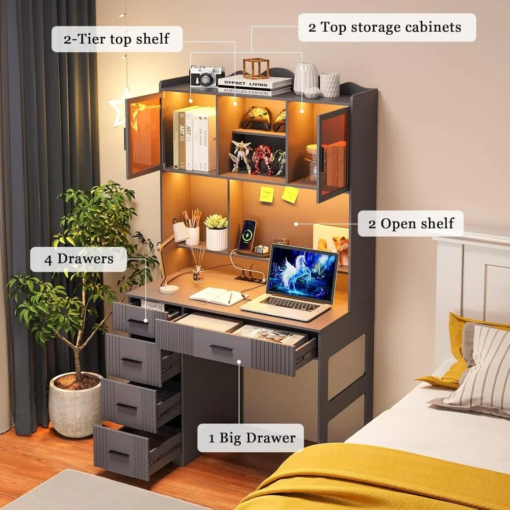 LED Study Desk with Hutch and Drawer, Home Office Desk with Outlet, Computer Desk with USB Charging Station