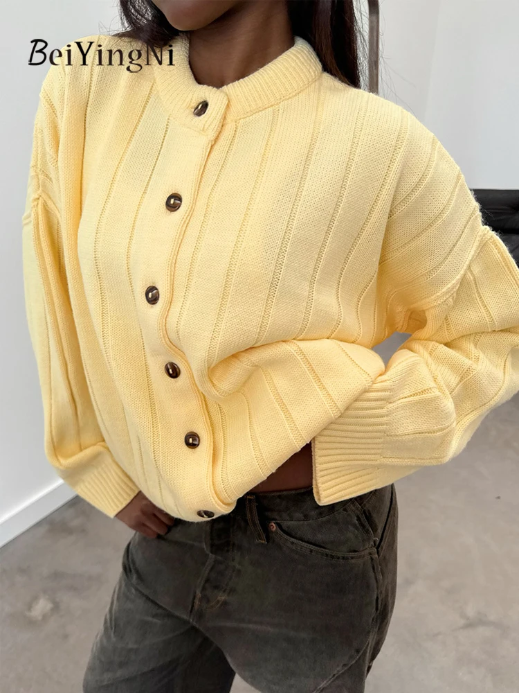 

Beiyingni Loose Winter Cardigan Women 2025 Fashion Thick Buttons Gray Female Sweater Plain Warm Chic Knit O-neck Outwear Coats