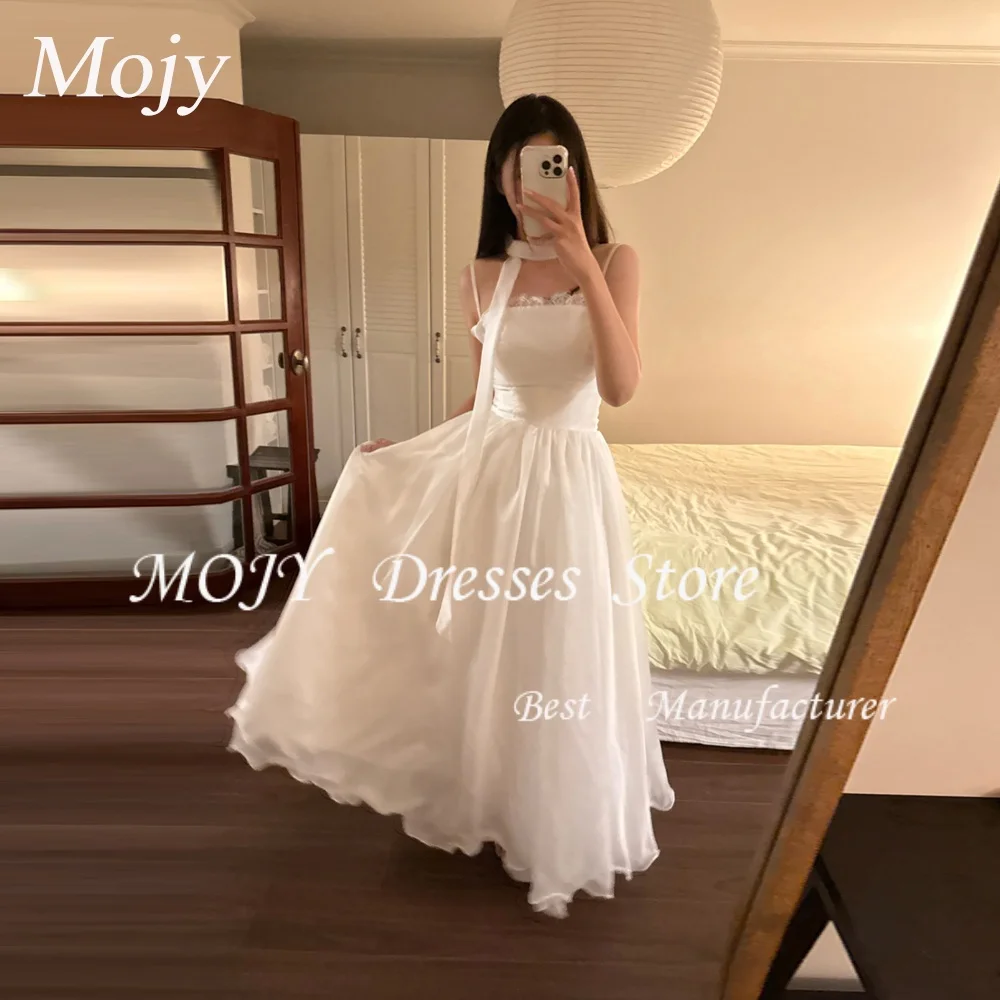 Mojy A-line Simple Wedding Dresses Spaghetti Straps Draped Floor-Length Bridal Gown Photo Shoot Dresses Customized Organza