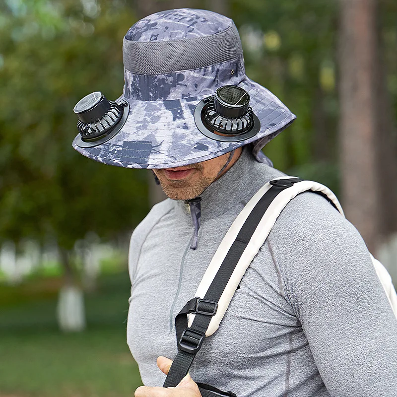 

Camouflage Outdoor Hiking and Fishing Solar Fan Hat, Rechargeable Dual Fan Sun Hat, Sunshade Fisherman Hat
