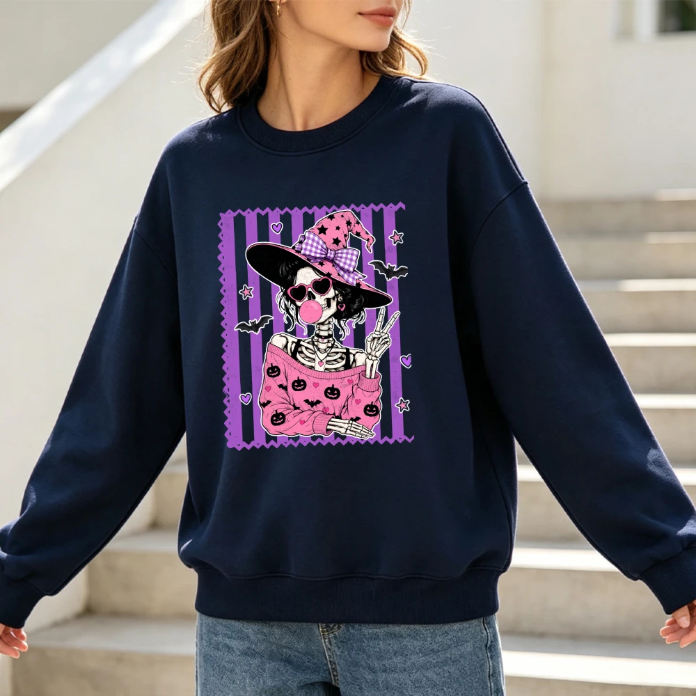Funny Gothic Casual Sweatshirt Stylish Skeleton Witch Making Peace Gesture Bubble Gum Halloween Pumpkin Print Tops for Women