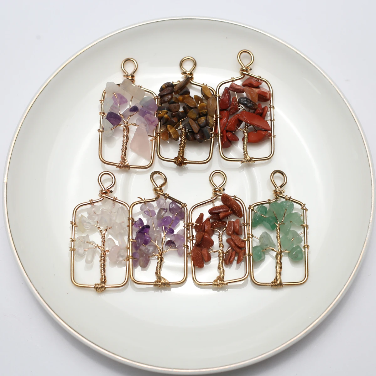 

10PCS Rectangle 7 Chakra Tree of Life Natural Gravel Stone Pendants Charms Jewelry Making DIY Necklace Earrings Gift 42x21mm
