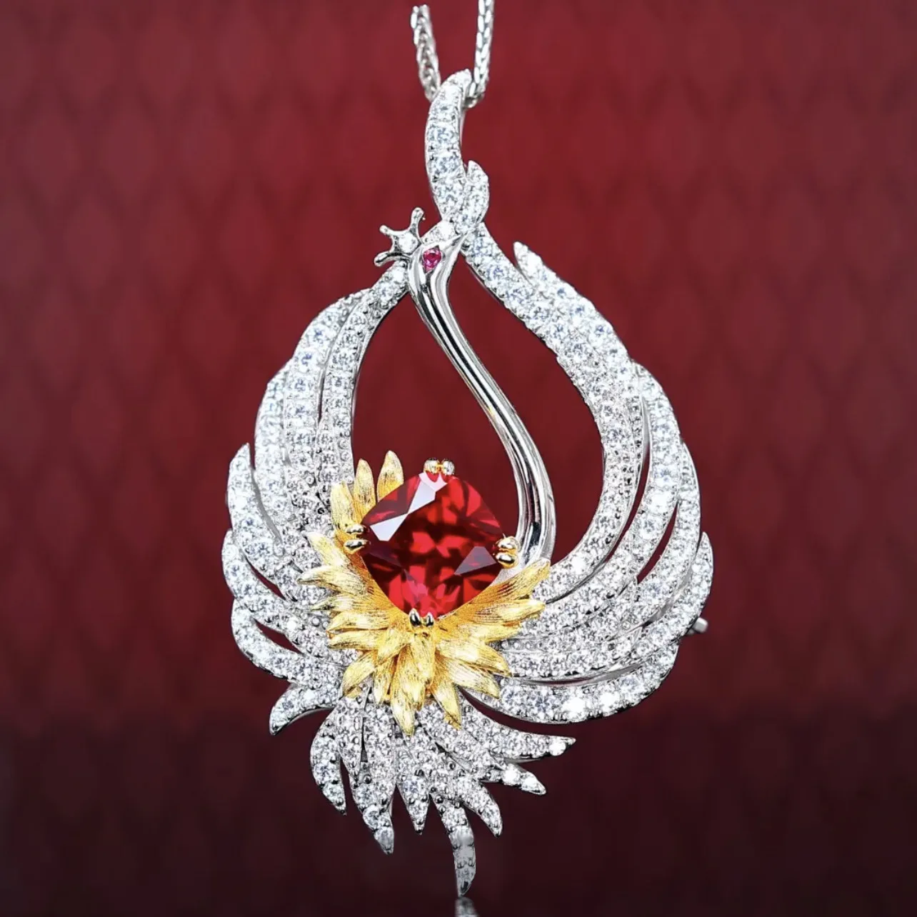 Luxury Two-Piece Artificial Ruby Phoenix Feather Pendant Necklaces Earrings For Women Wedding Engagement Gift Jewelry Sets