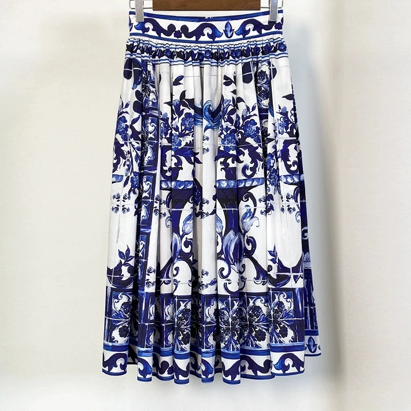 2026 summer new blue and white porcelain woven cotton umbrella skirt