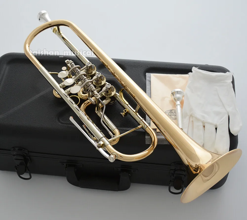 Trompeta profesional de latón dorado con válvula rotatoria 2026, tubo de afinación de cuproníquel