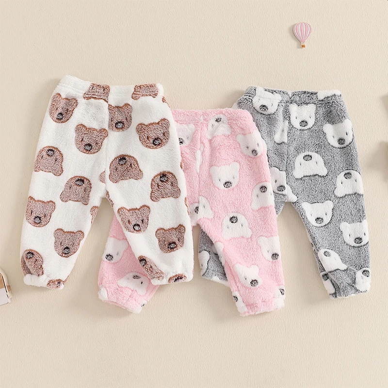 Baby Pajama Pants Elastic Waist Cartoon Bear Furry Warm Winter Lounge Pants Sleepwear