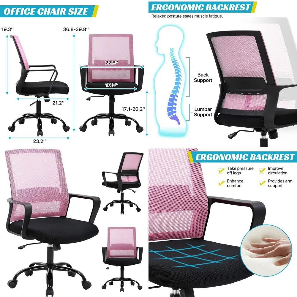 

Breathable Mesh Ergonomic Swivel Chair with Adjustable Height for Home & Gaming, Pink