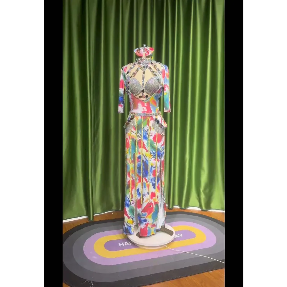 BellyDance Suit Embroidery Diamond Bra Split Fishtail Skirt Performance Set Custom Adult Child Competition Clothing Accessories