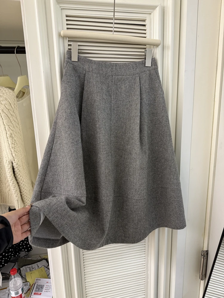 Falda Midi de lana mate para mujer, falda holgada de cintura alta con brotes de flores, falda informal acampanada Sle Ele para otoño e invierno